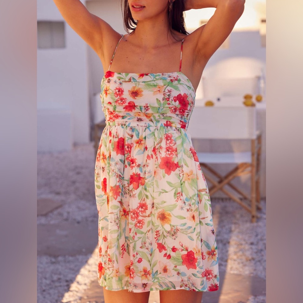 Promesa Jamaican Me Crazy Floral Chiffon Mini Sundress Adjustable Straps Med NWT